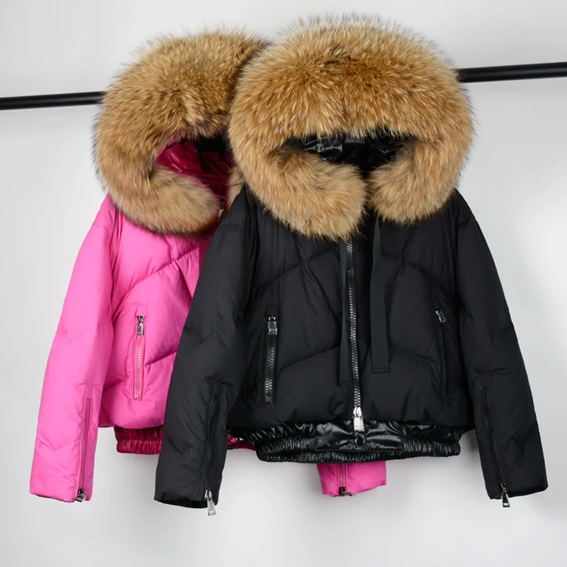 

2021 Top Quality Real Raccoon Fur Hooded Women's Down Coat Casual Thick Warm Short Puffer Jacket Female Zipper Winter Parka
