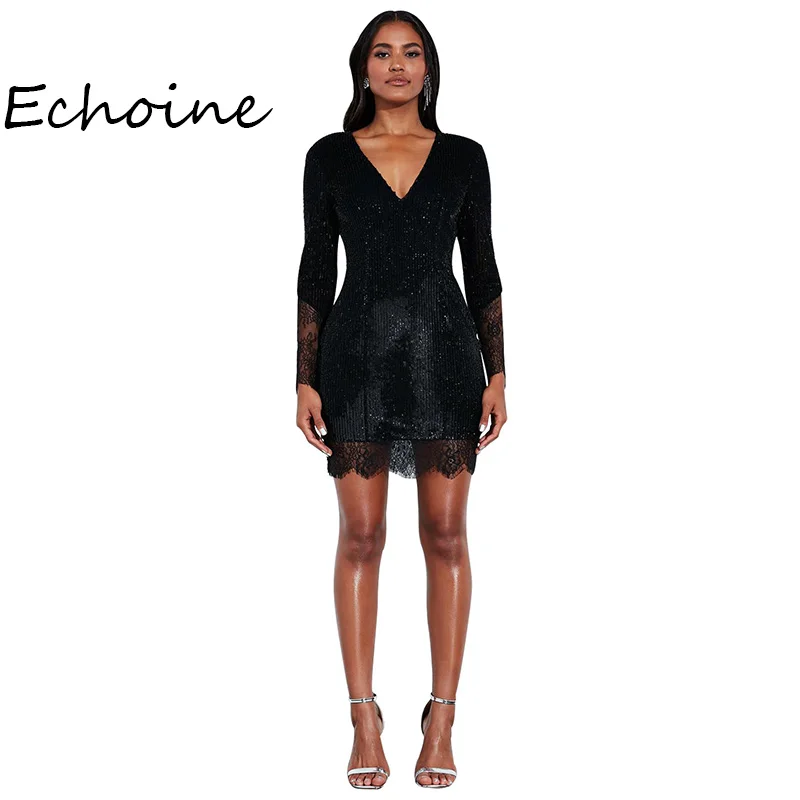 Sexy Lace Patchwork Sequin Women Dress V-neck Long Sleeve Party Night Slinky Bodycon Autumn and Winter Vestidos | Женская одежда