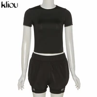 kliou casual letter sportswear two piece sets women patchwork topsee through hollow out shorts matching set athleisure outfits