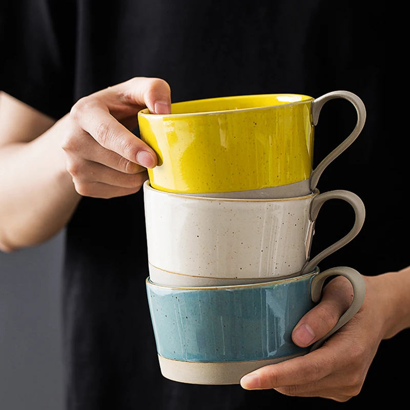 Japanese Art Stoneware Large Coffee Mug with Lid Spoon Modern Home Ceramic Breakfast Cereal Cup Afternoon Tea Flower Cupgift | Дом и сад