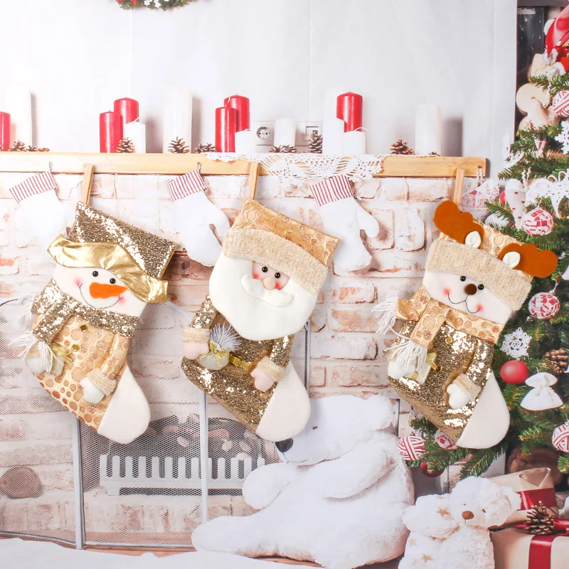 

2022 New Xmas Stocking Gold Sequin Santa Snowman Christmas Gift Bag Christmas Tree Pendant Socks Adornos Para Arbol De Navidad