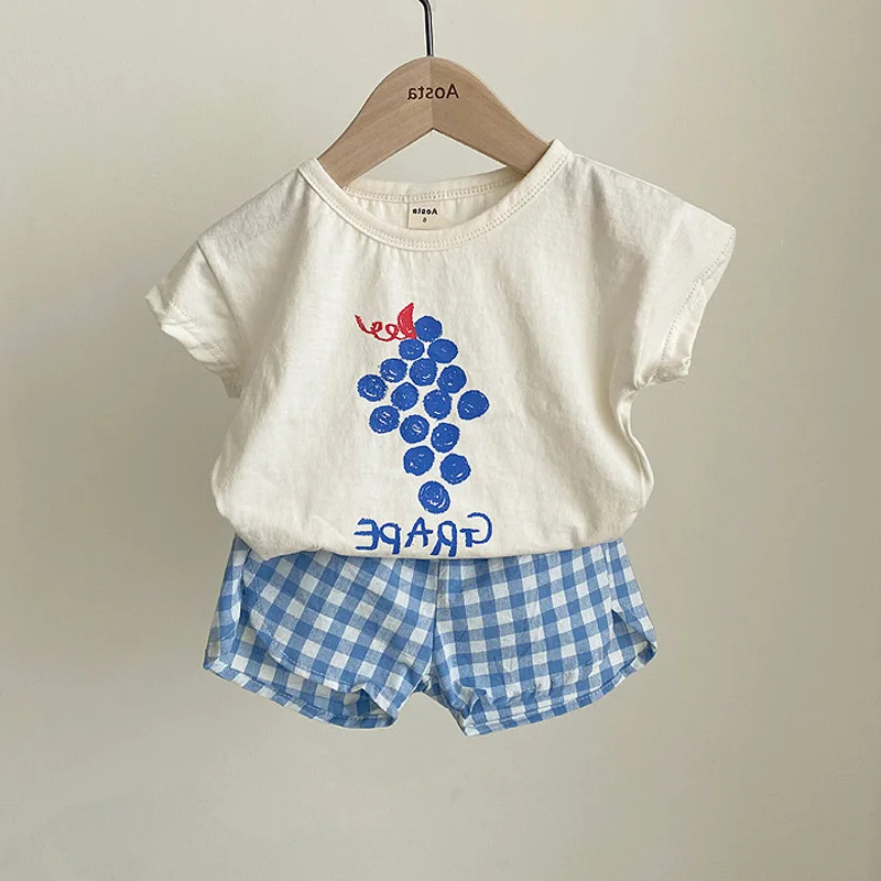 

Summer New Toddler Boy Girl Cotton Short Sleeve T-shirt Kid Fruit Cartoon Pattern Tops + Lattice Loose Shorts 2pcs Clothes Set