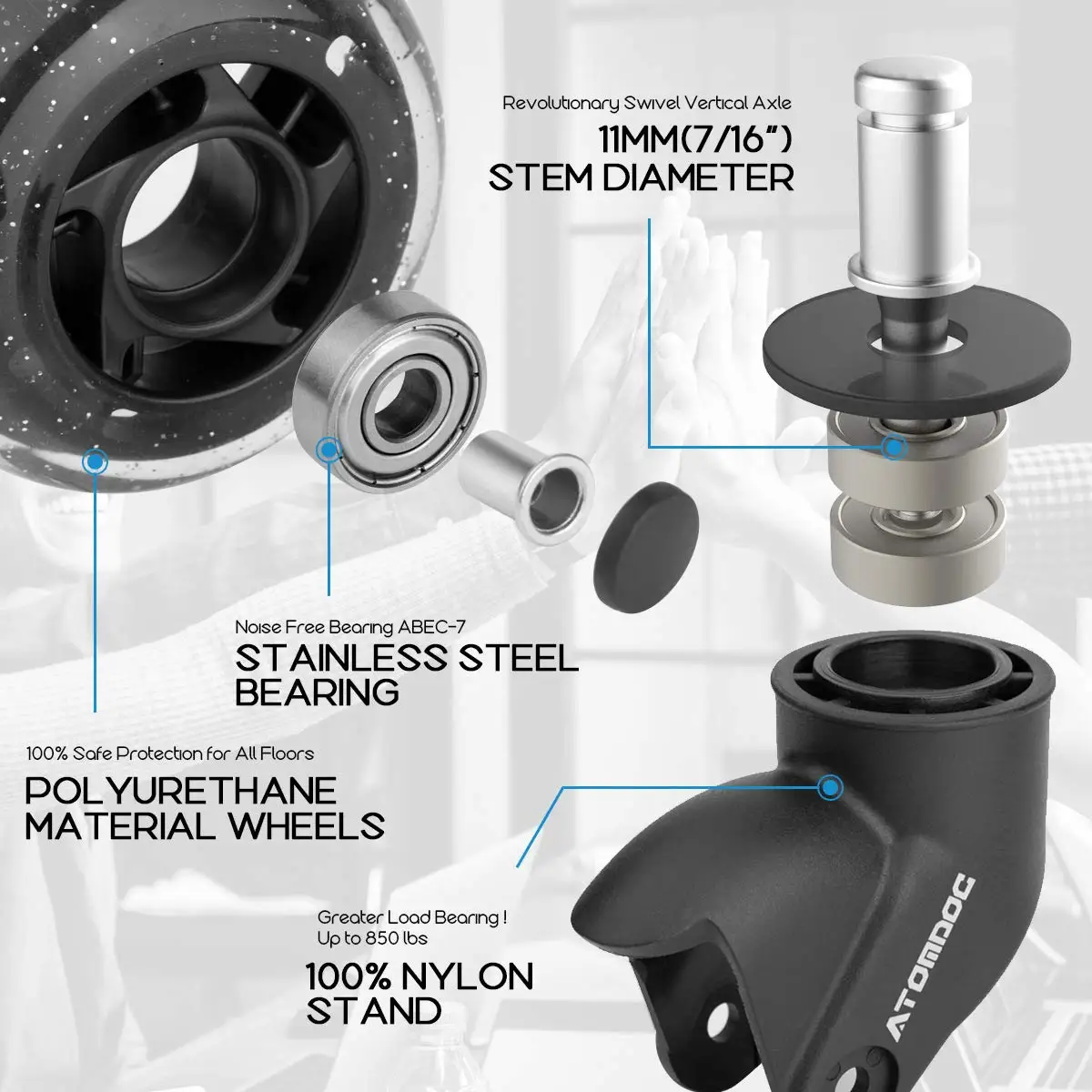 Универсальные беззвучные ролики для офисных стульев ATOMDOC 5 шт./компл. 3 дюйма 11 мм