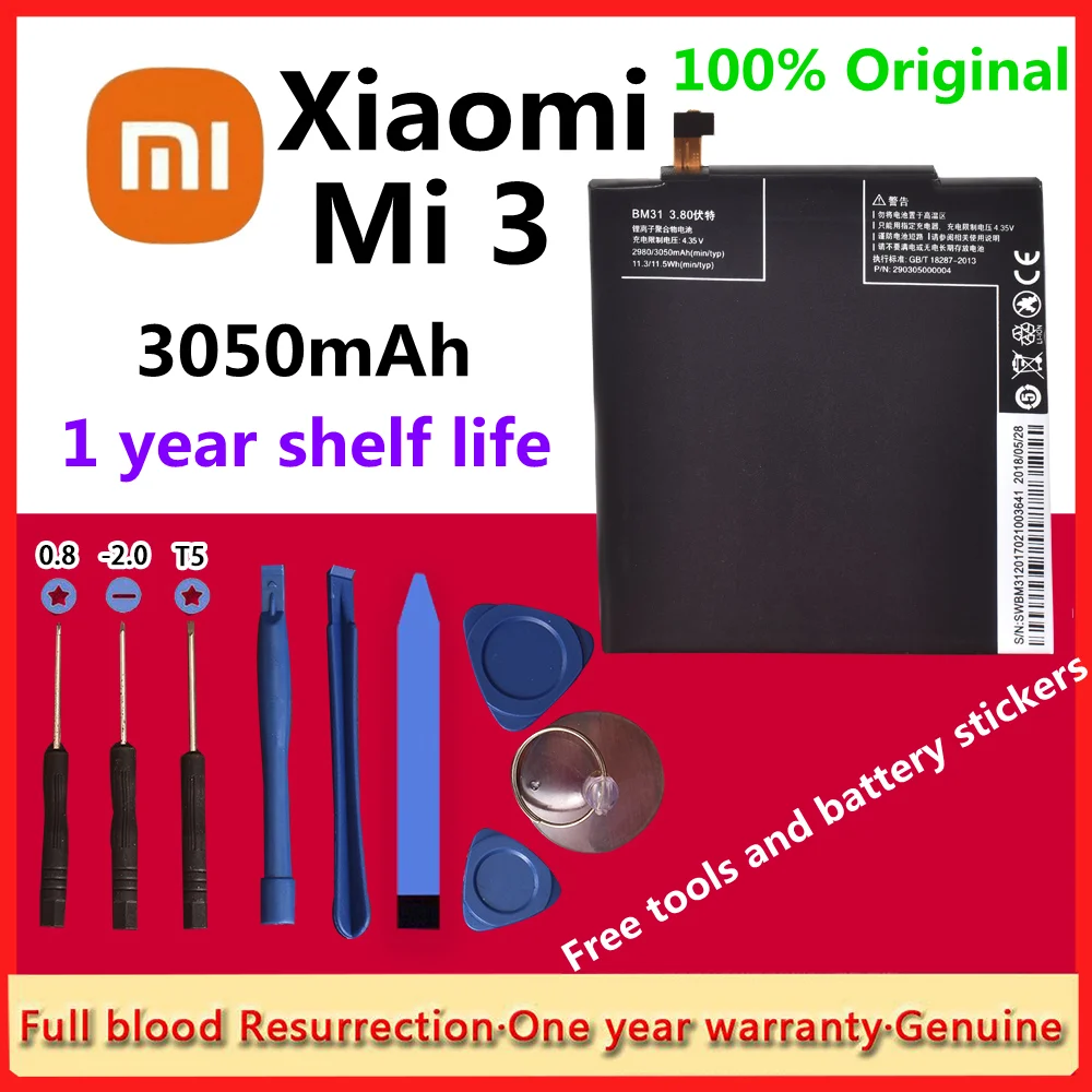 

Xiao Mi New 100% Original 3050mAh BM31 Phone Battery for Xiaomi Mi 3 M3 Mi3 Batteries Bateria with Gift Tools+Stickers