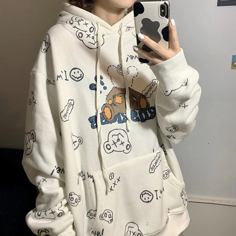 

Женская весенне-осенняя теплая Свободная Повседневная Толстовка с большим карманом с мультяшным медведем толстовки с капюшоном новые хлоп...