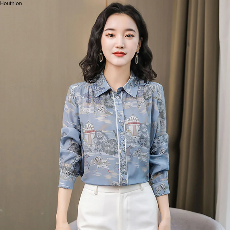 

Summer Women's Blouses Retro Printing Shirt New Fashion Casual Lapel Wire Loose Long Sleeved Top Clothing Lady Houthion