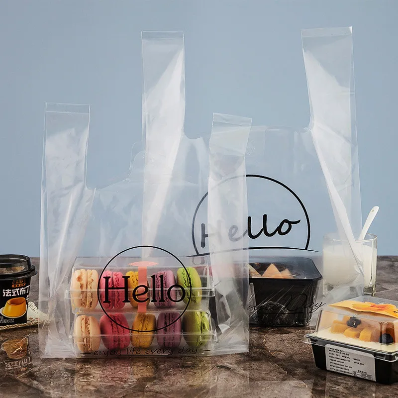 

50Pcs Hello Transparent Plastic Hang Bags Salad Takeaway Food Packaging Cake Dessert Baking Meal Box Vest Bags