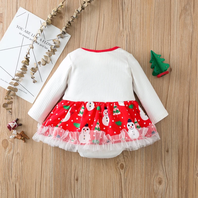 

Baby Girl's Christmas Printed Romper Long Sleeve Ruffled Lace Skirt Hem and Snap Button Crotch Baby Festival Clothes
