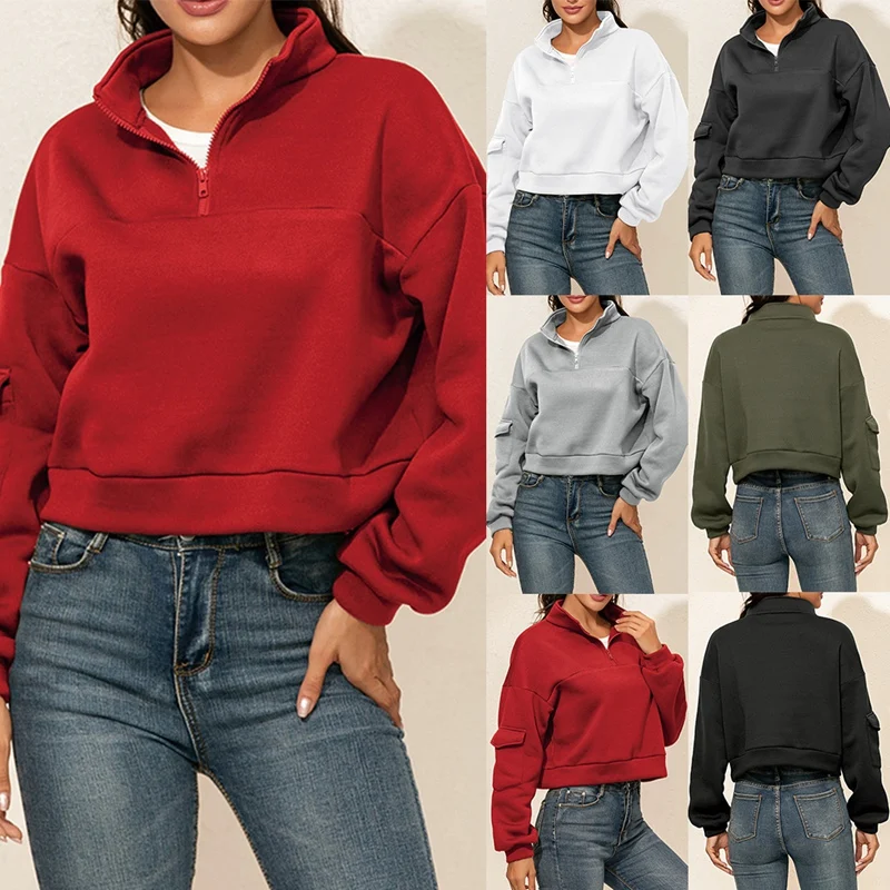 Autumn Streetwear Japanese Sweater Women's Wild Pullover Sleeve Pocket Crop Tops