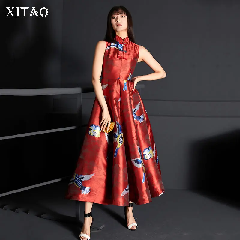 

XITAO винтажное жаккардовое платье в китайском стиле с пряжкой и стоячим воротником без рукавов темпераментное Плиссированное женское плать...