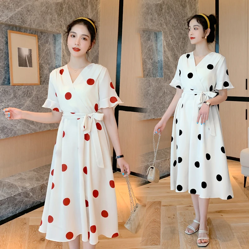

Summer Korean Fashion Dot Printed Chiffon Maternity Dress A Line Slim Ties Waist Clothes for Pregnant Women Pregnancy Wear