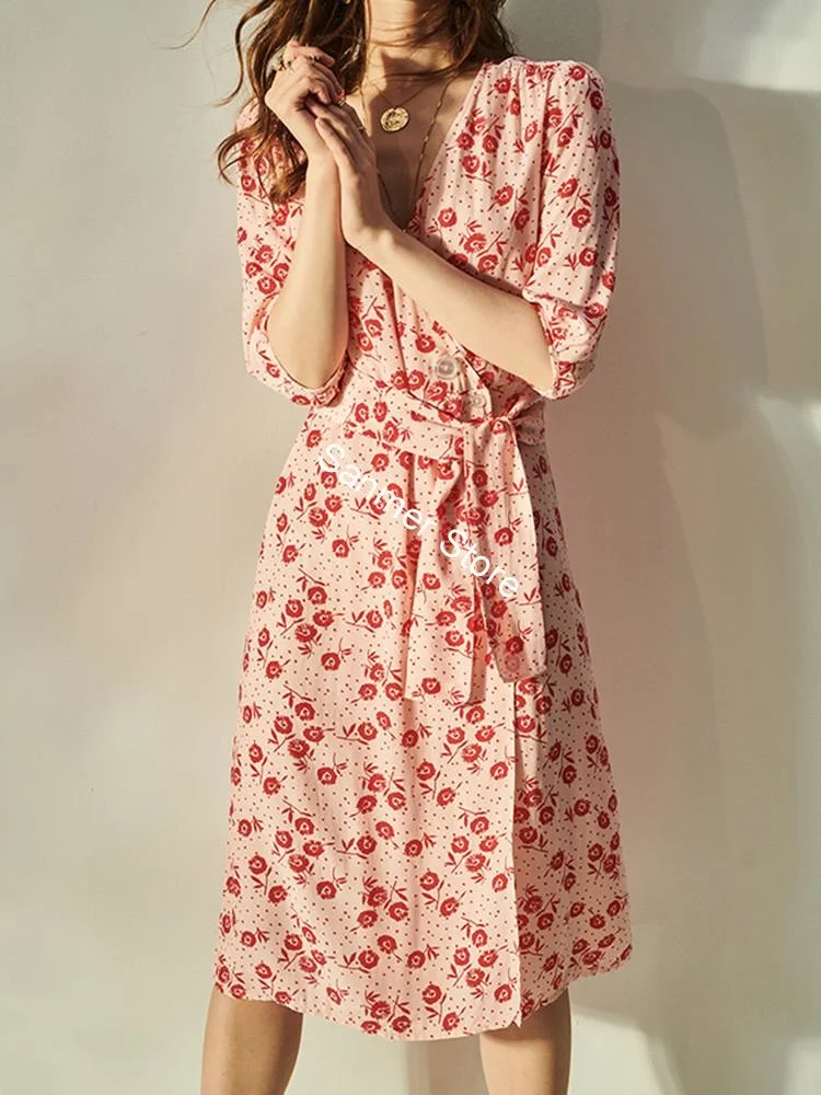 

100%Viscose Women One Piece Wrapped Dress V-neck Vintage Holiday Style Short Sleeve Side Button Floral Printing Dress with Sashe