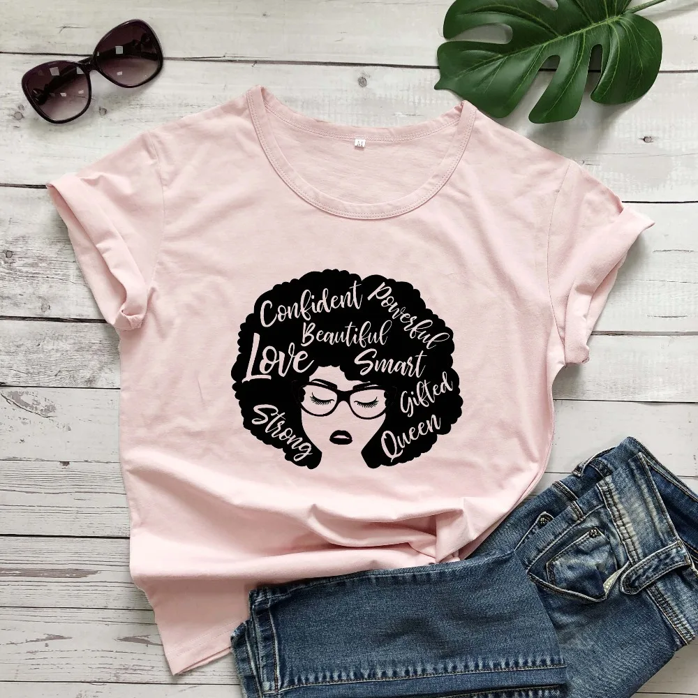 

100% Cotton T Shirt Love Confident Powerful Beautiful Letter Print Women Short Sleeve O Neck Loose Tshirt Summer Tee Shirt Tops