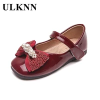 baby flats girl red leather shoes bowknot single shoes princess square shallow white beads children soft bottom shoes kids