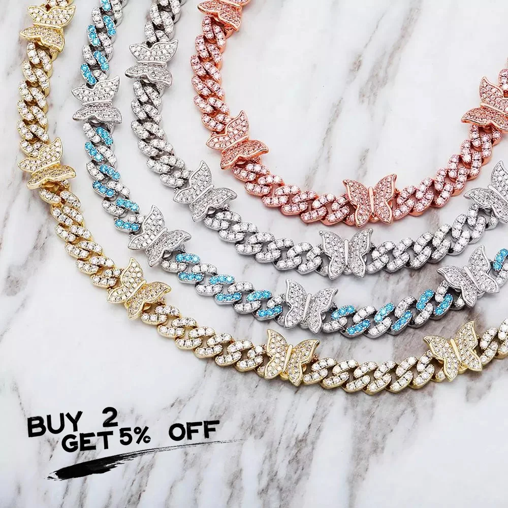 АЛЛИСЕОНЮ 8 мм Бабочка Кубинская цепочка ожерелье с инкрустацией из высококачественного кубического циркона блестящая хип-хоп-шармовая ювелирная украшение для женщин подарок на