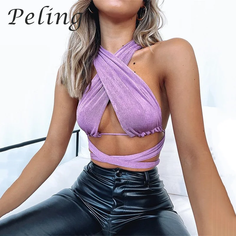 

2021 Summer V-Neck Bra Sexy Top Backless Cross Up Skinny Women Top Bandage T-shirts Hollow Out Short Night Club Street Wear