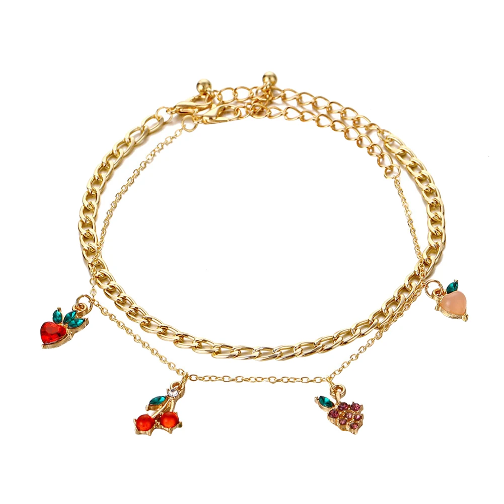 

Summer Cherry Fruits Charms Chain Anklets For Women Gold Bohemian Multi-layer Crystal Foot Ankle Set Beach Jewelry