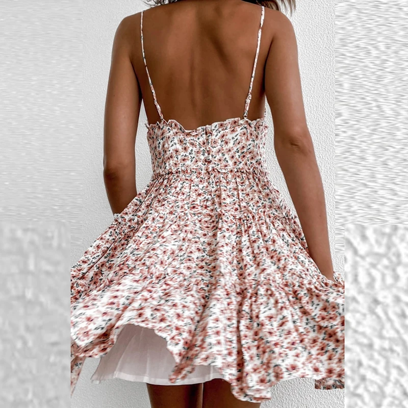 

Sexy V-neck Sleeveless Straps Mini Dress 2021 Summer Elegant Backless Ruffle Party Dress Women Floral Print Loose Beach Sundress