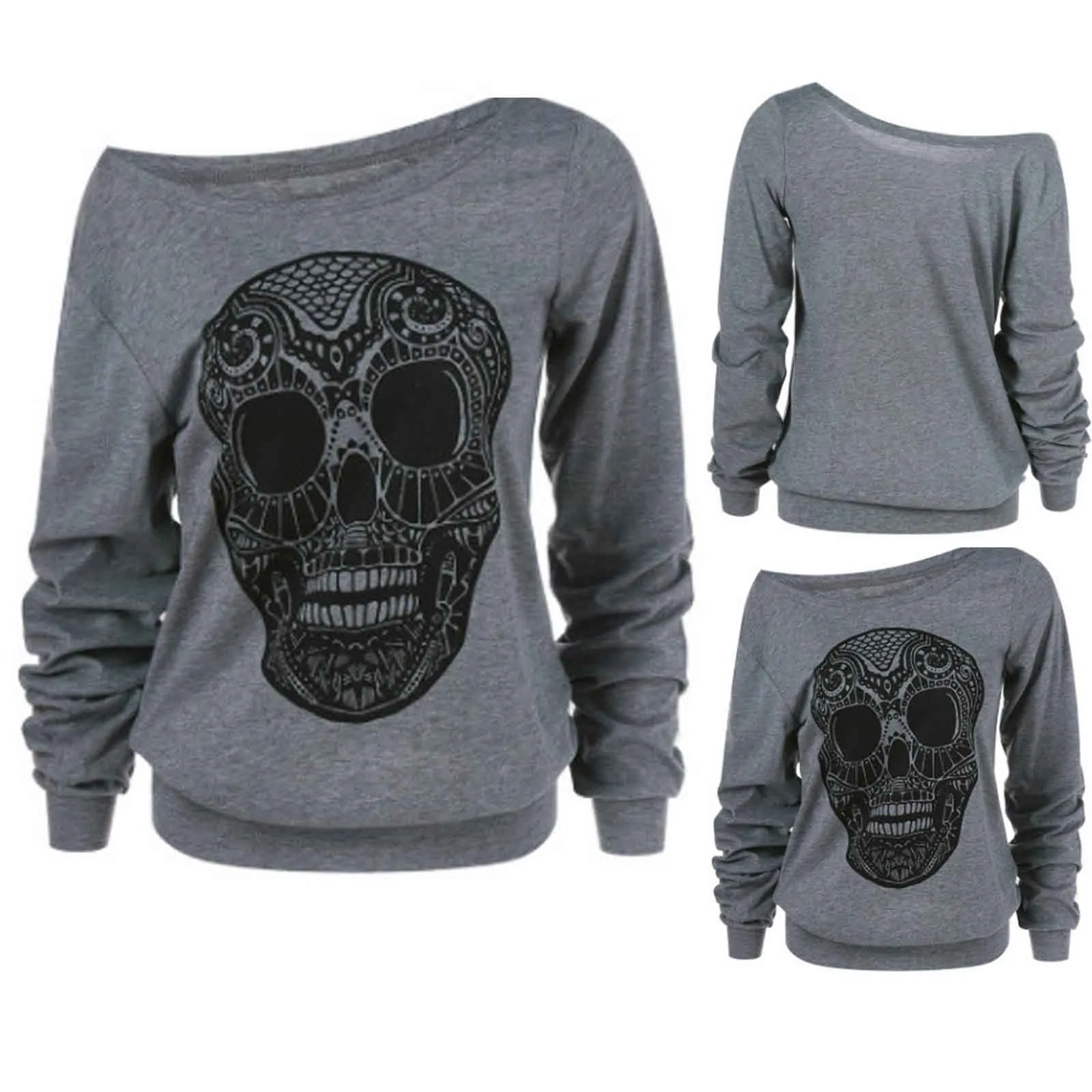 

Свитшот женский с длинным рукавом, Модный повседневный свободный пикантный свитер с принтом черепа, пуловер с воротником-стойкой, длинная р...