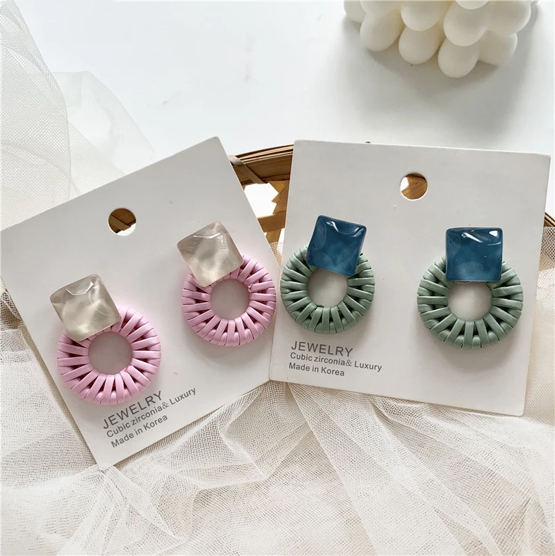 Богемные розовые плетеные серьги кольца ручной работы с квадратным цирконием