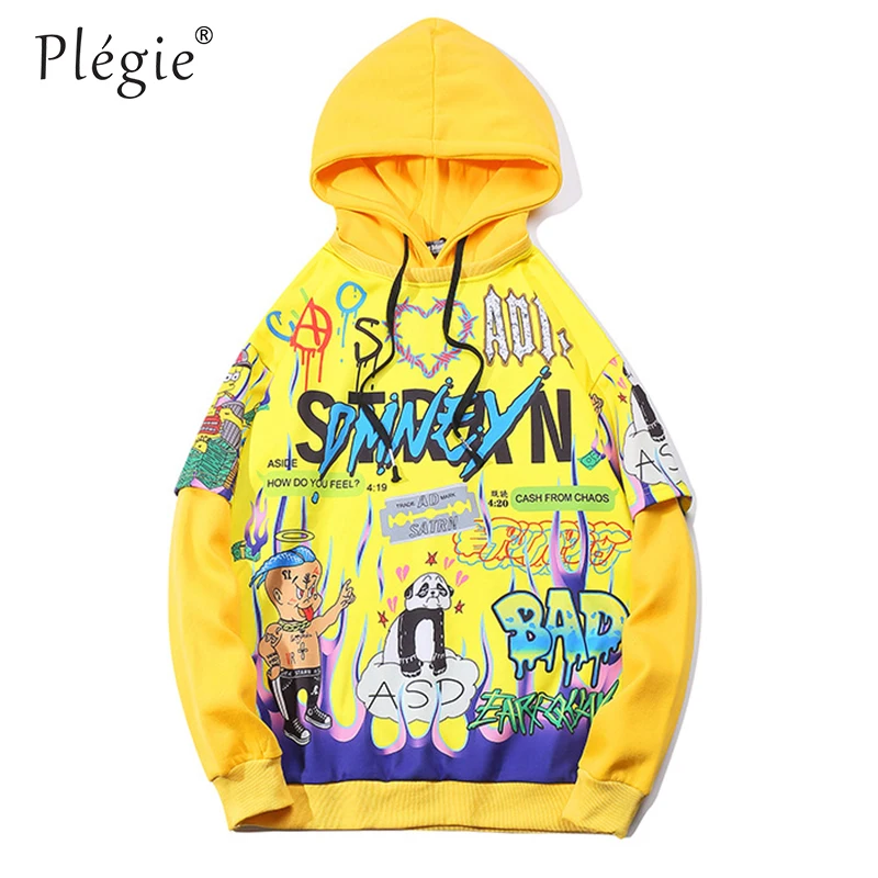yellow hoodies Plegie оригинальные толстовки для мужчин мультфильм печати пуловер свободные с капюшоном осень поддельные два предмета Толстовка Уличная толстовки для пар - Цвет: yellow hoodies
