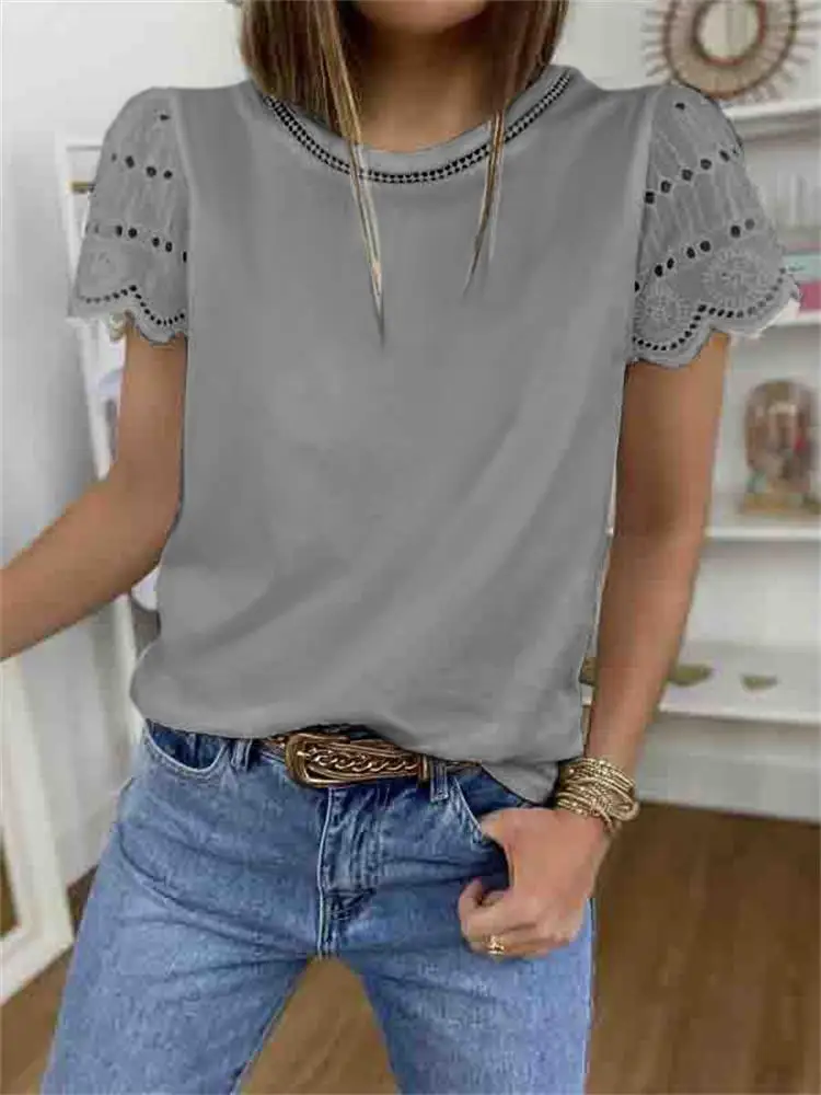 

T-Shirt Women 2021 Summer Round Neck Short Sleeve Hollow Out Crop Top Lace Petal Sleeve Casual Ladies Top
