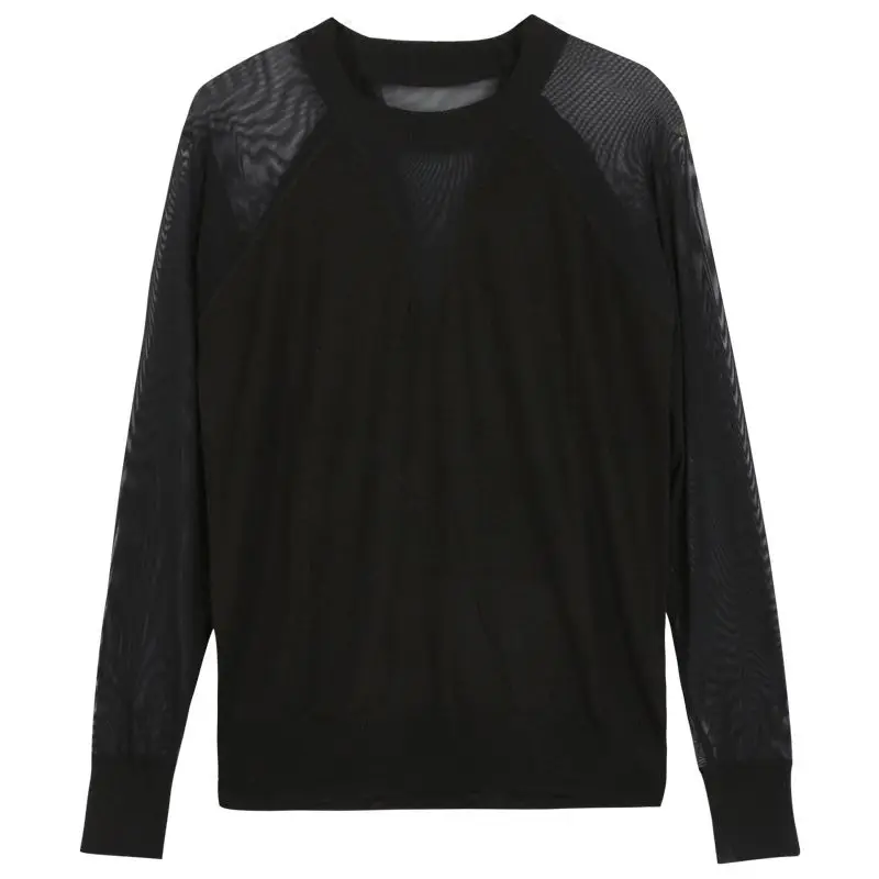 

Mesh black long sleeve T-shirt sexy thin knit bottom coat