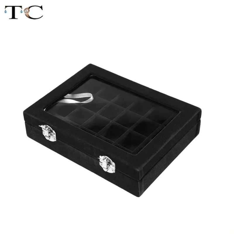 Бархатная шкатулка для ювелирных украшений с 24 ячейками и стеклянным покрытием
