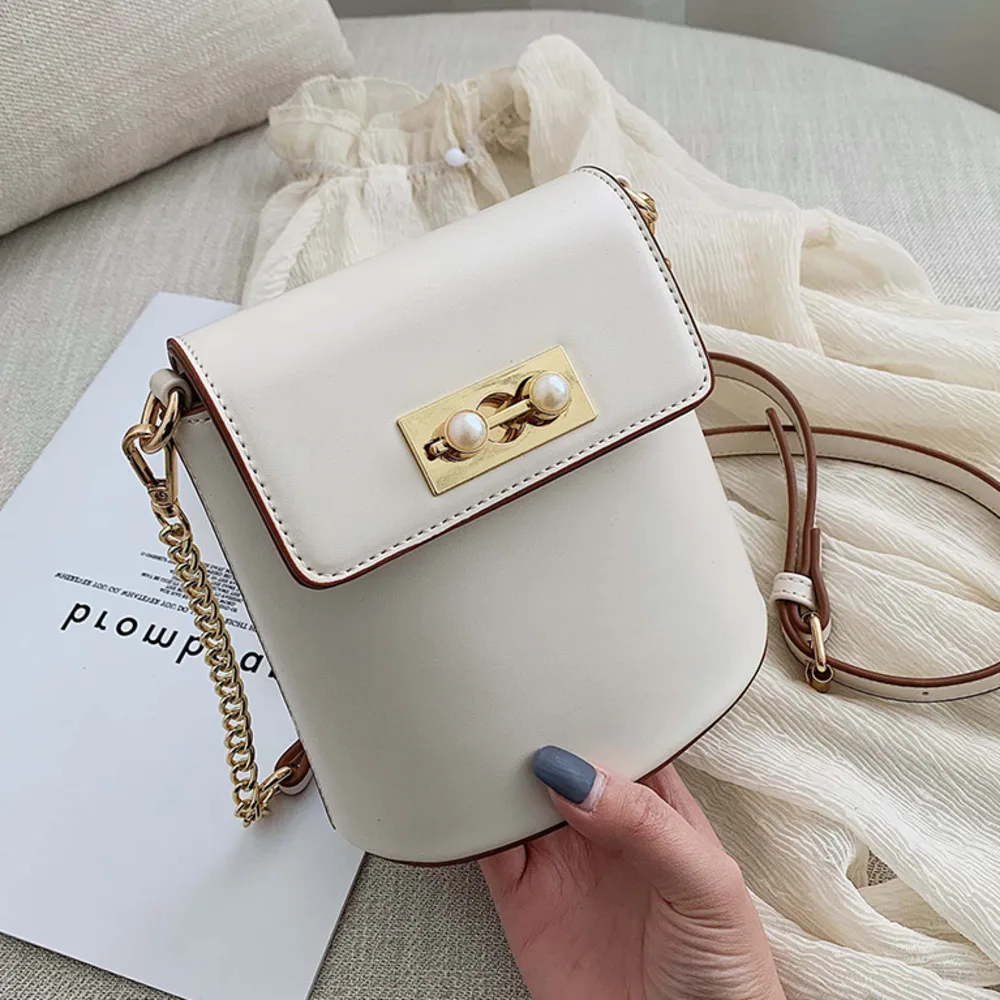 Новое ведро Маленькая женская кожаная сумка жемчужный замок 2019 цепь через плечо