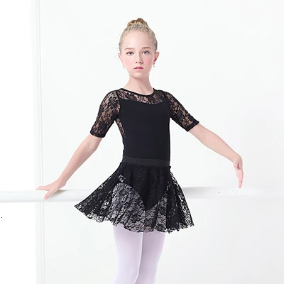 black half sleeve Балетное платье для девочек, гимнастические купальники, кружевные юбки, трико с длинными рукавами, гимнастический купальник для малышей, для танцев - Цвет: black half sleeve