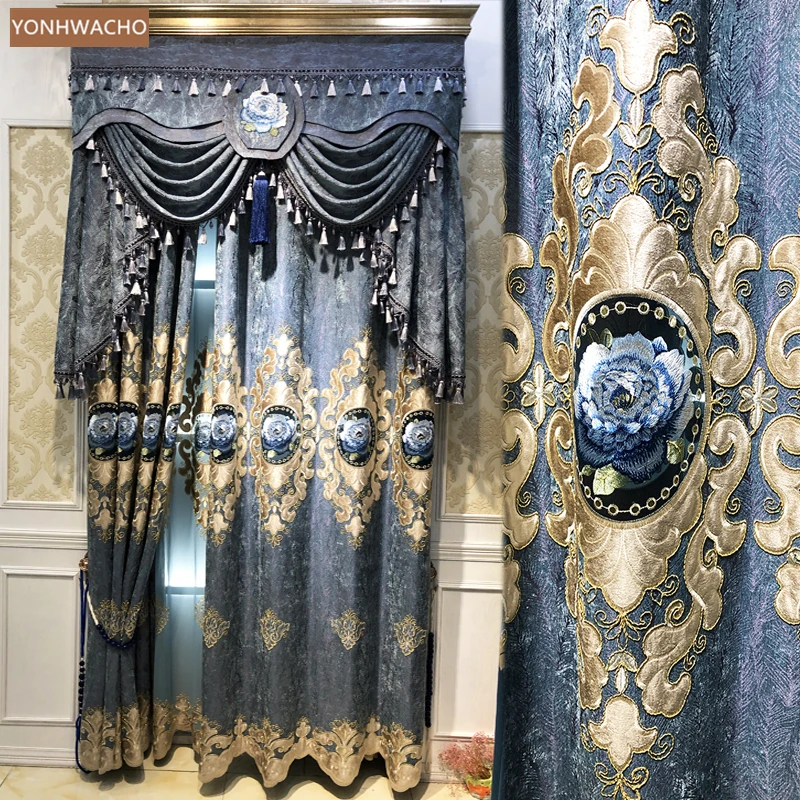 

Custom curtain European pastoral modern living room hollow embroidery blue cloth blackout curtain valance tulle drapery C772