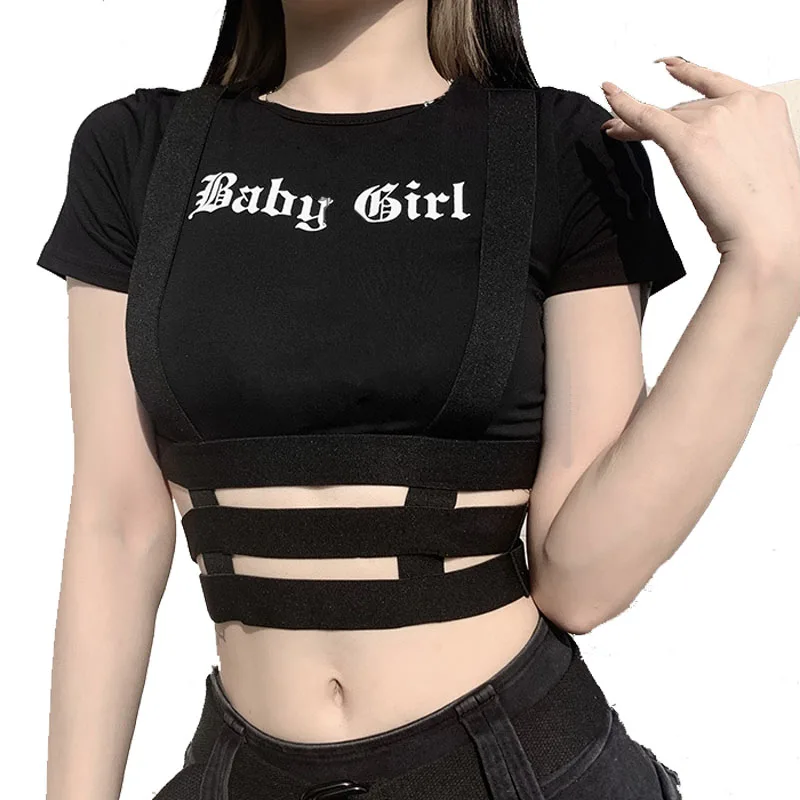 

Summer Women Black Cropped T-Shirts Short Sleeve Bandage Tee Tops Female Tees