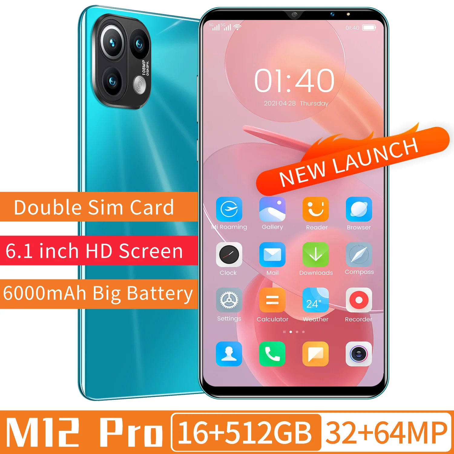

Smartphone Global Version M12 Pro 6.1 inch 1440*3200 Mobile phones 16GB 512GB MTK6889 Deca Core Dual SIM 6000mAh 32+64MP Cellpho