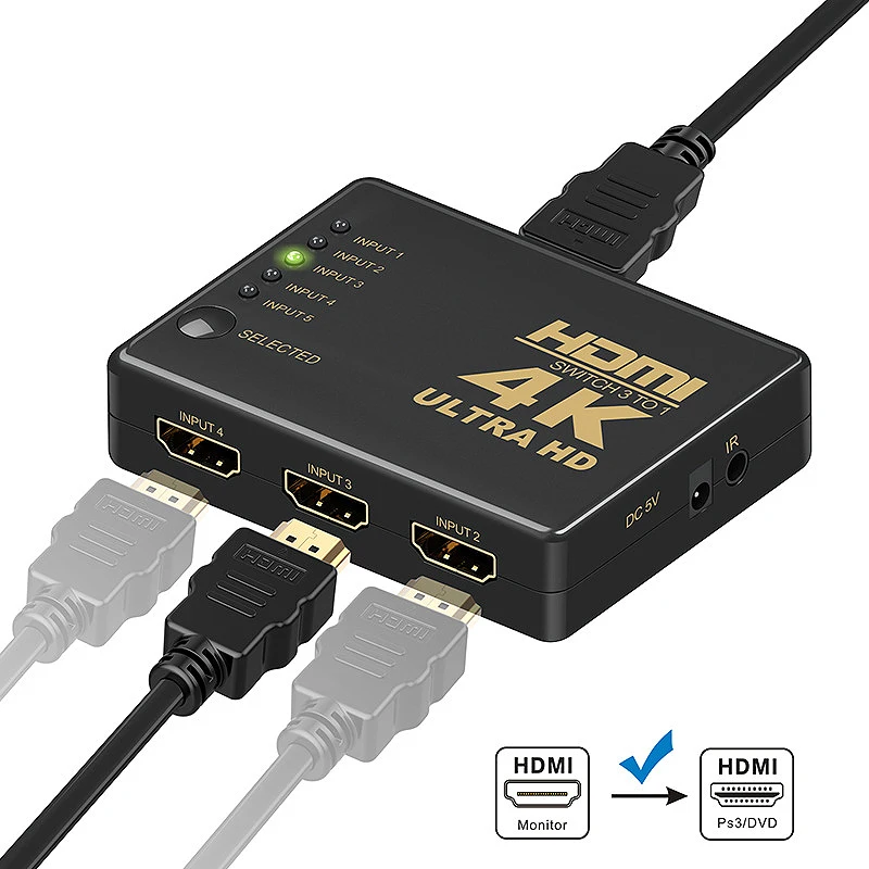 Коммутатор HDMI 5 в 1 поддержка 4K Full HD 1080P 3D Инфракрасный пульт дистанционного
