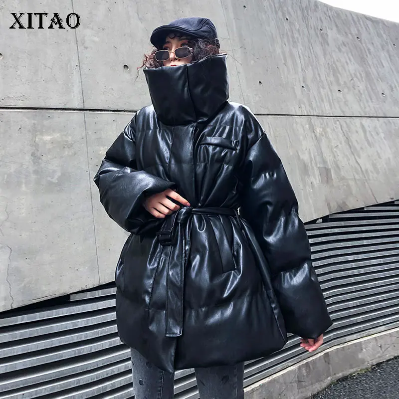 Женская парка из ПУ кожи XITAO черная облегающая с широкой талией и длинным рукавом