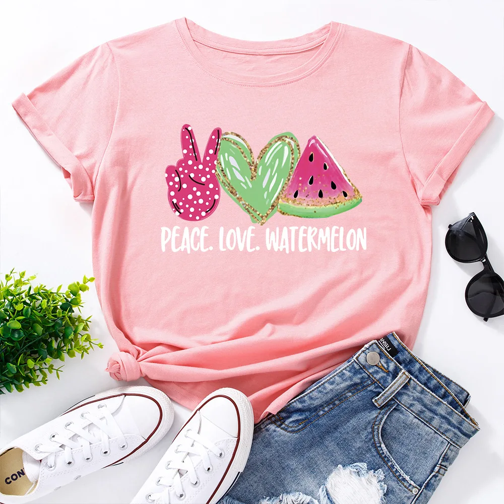 

Graphic Tees for Women Cotton Short Sleeve Tee Woman T-Shirts Female Shirt Tops Summer Casual Clothes Peace Love Watermelon Top