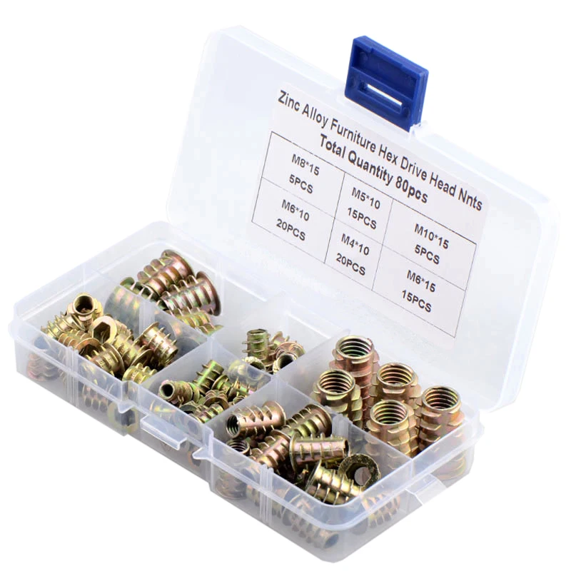 80 шт. резьба для деревянной вставки гайка фланцевый шестигранный привод M4 M5 M6 M8