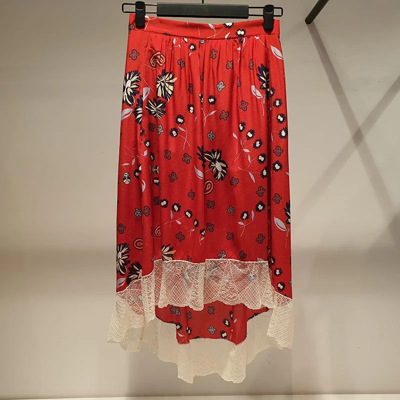 Красная шелковая Асимметричная юбка с принтом маргаритки длинная контрастной