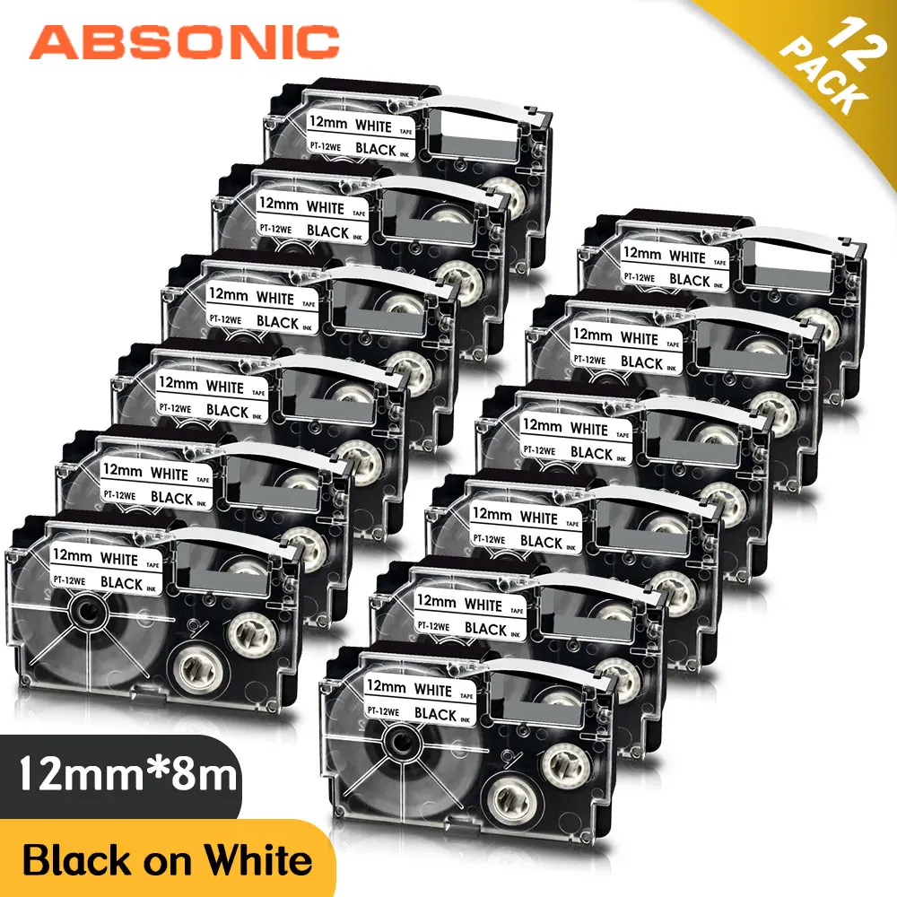 

Absonic 12PK XR-12WE XR12WE XR 12WE Black on White Label Tape Compatible for Casio Printer KL-60-L KL-60SR KL-170 KL-100 CW-L300