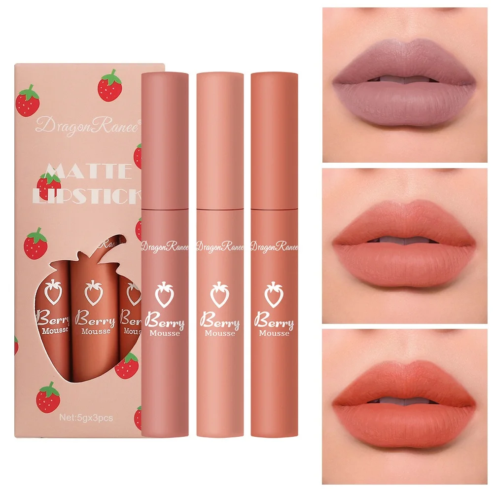 

3pcs/Set Strawberry Box Velvet Matte Lip Glaze Liquid Lipstick Gloss Female Girls Non-stick Cup Cute Lip Makeup Comestic Gift