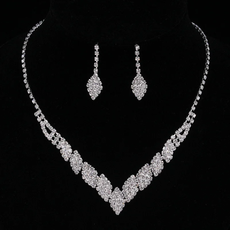 

DSHOU166 Shiny Leaf Necklace Earring Set Chain Wedding Romantic Bride 2 Piece Set Dinner Party Accessories