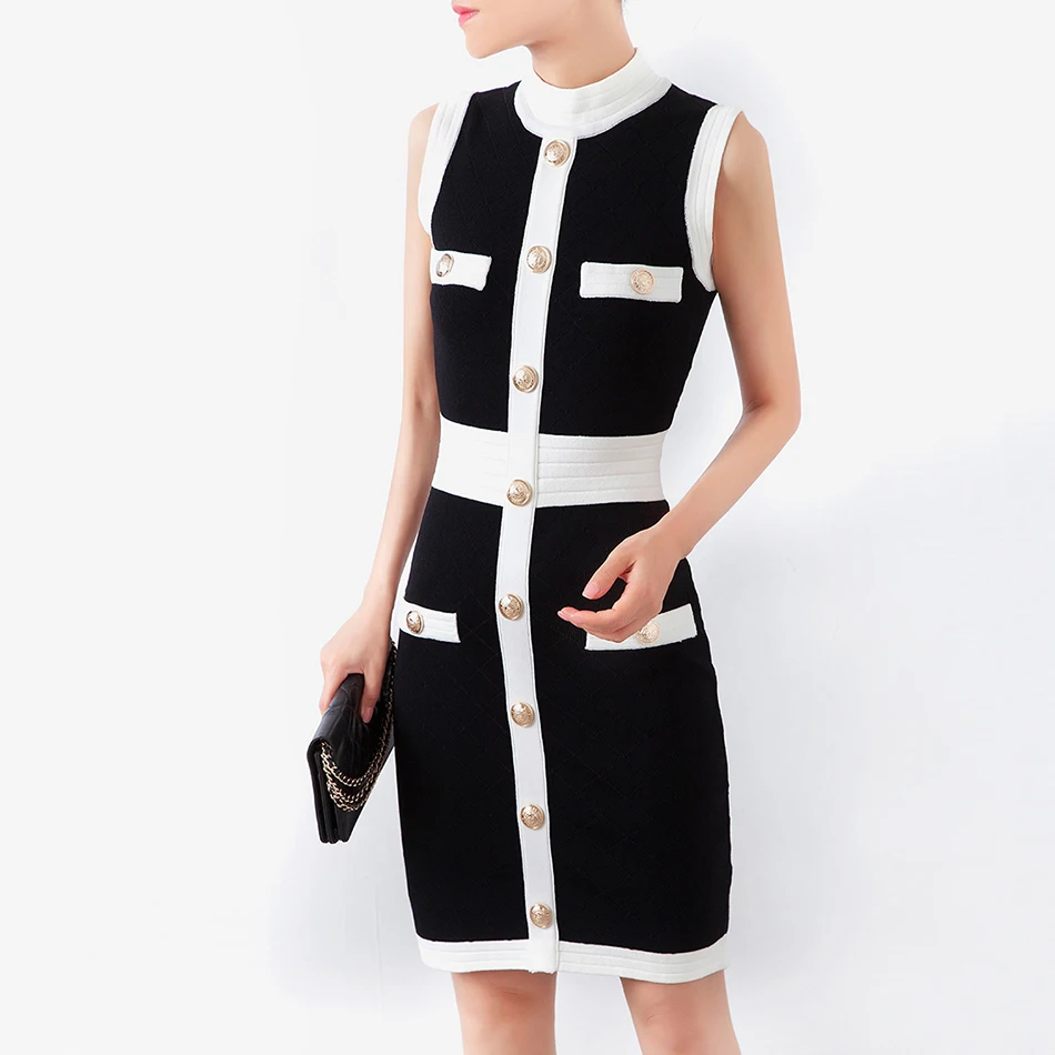 Женское Бандажное платье без рукавов черно-белое облегающее на пуговицах молнии