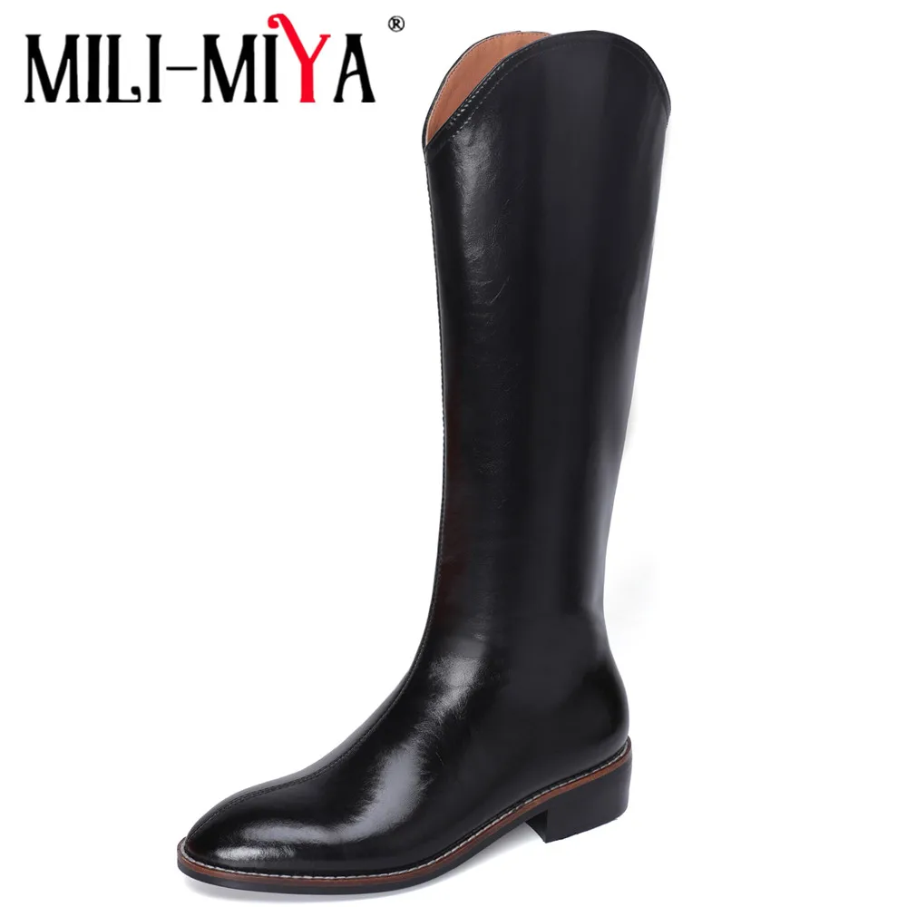 

MILI-MIYA 2021 Autumn Winter Women Knee High Boots Top Quality Leather Round Toe Zipper Low Heels Ladies Female Shoes Big Size