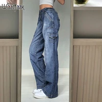 waatfaak harajuku pockets patchwork cargo jeans y2k dark blue high waist streetwear 90s baggy jeans women pants straight leg