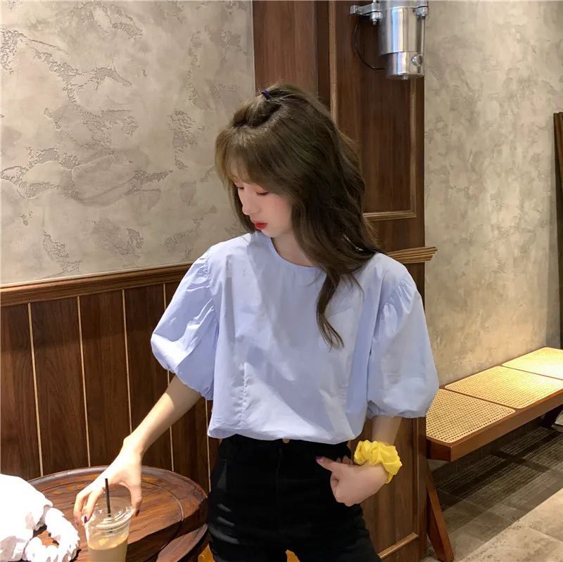 

Vintage Shirts Blouse Womens Summer Tops Korean Puff Sleeve Blouses Femme Blusas O Neck Kleding Dames