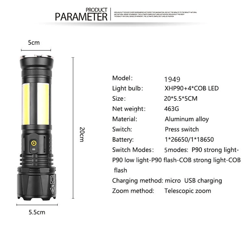 

XHP90+COB Multi-function Glare Flashlight Outdoor Zoomable USB 5LED Light Modes Flashlight IPX4 Torch Tactical Light 26650/18650
