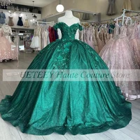 green luxury formal quinceanera dress for sweet girl heading sequin applieques off the shoulder vestidos de 15 a%c3%b1os