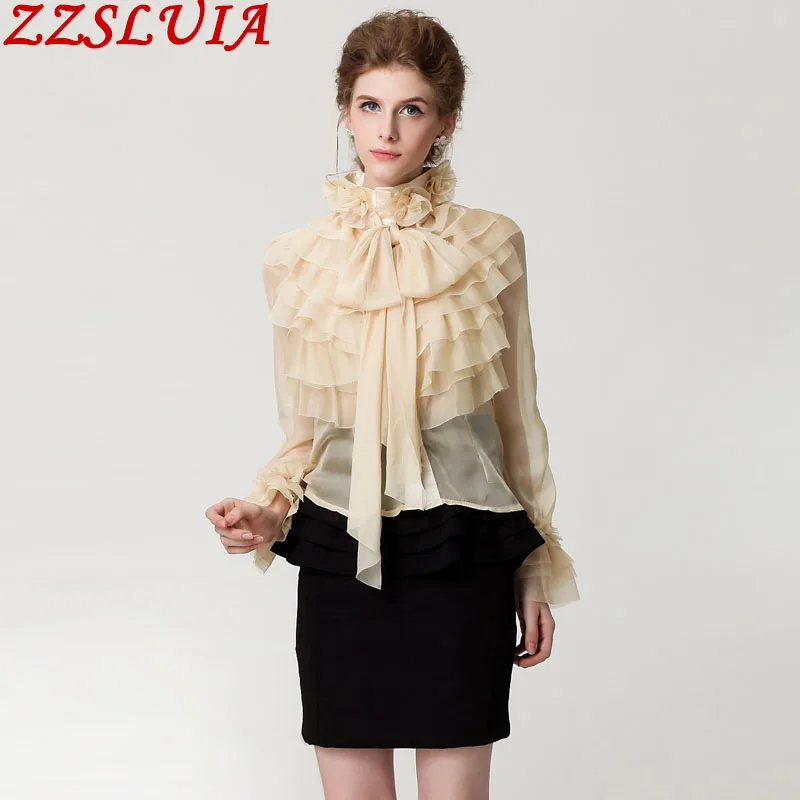 

Elegant Women's Blouse Stand Collar 3D Flower Collor Layer Ruffles Designer See-through Shirts Ladies Temperament Women Clothing