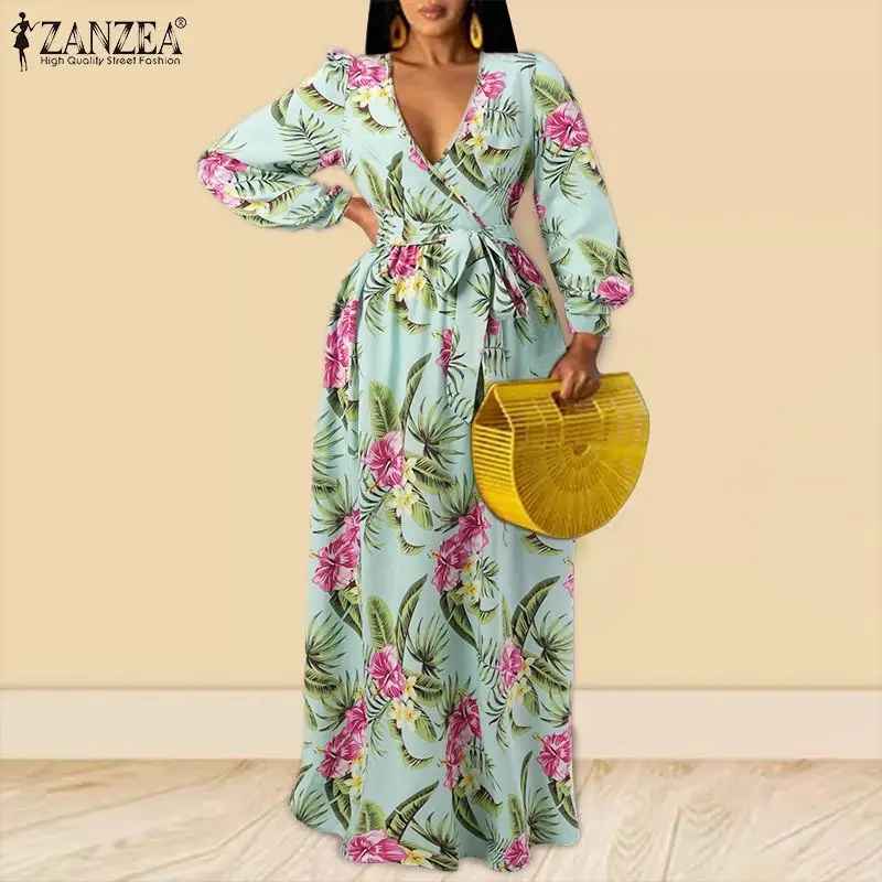 

ZANZEA Bohemian Floral Dress 2022 Spring Sundress Vintage Long Sleeve V Neck Holiday Party Vestido Women Elegant Dress Oversized