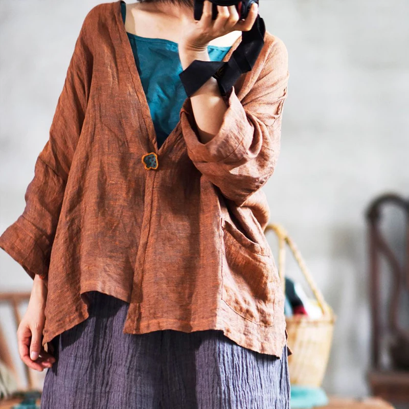 Женская льняная рубашка Johnature Повседневная с v образным вырезом длинными